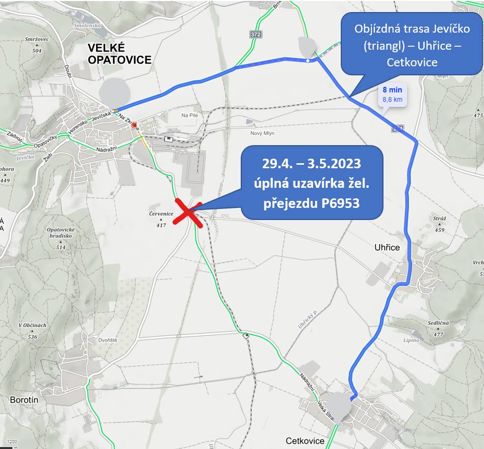 Z důvodu výstavby PPZ přejezdu P6953 v km 12,688 trati Chronice – Skalice nad Svitavou a úpravy TDZ, VDZ  bude tento přejezd (V.Opatovice – Borotín, Cetkovice) uzavřen v termínu 1.7. – 4.8.2026.