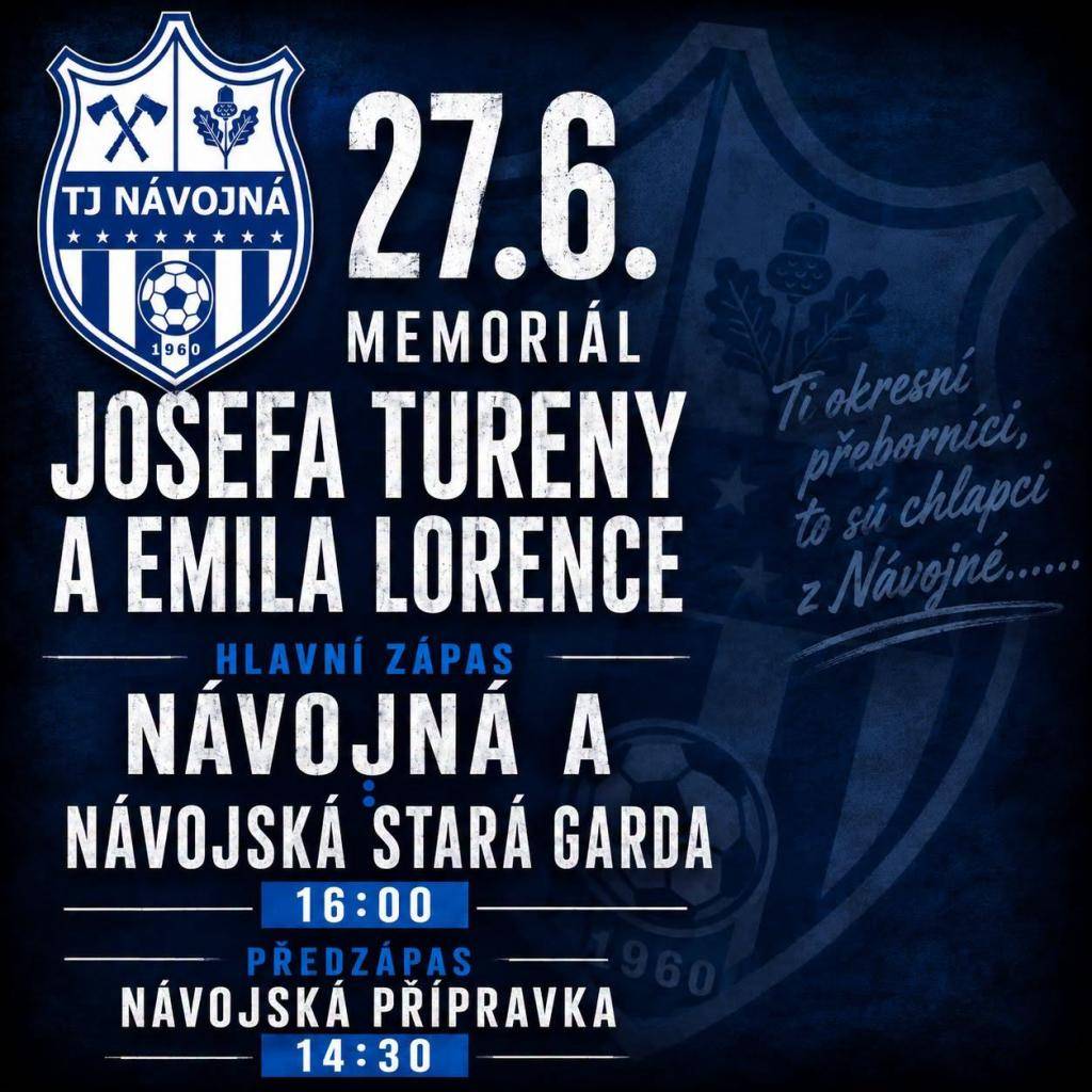 TJ Sokol Návojná zve všechny příznivce fotbalu na Memoriál Josefa Tureny a Emila Lorence, který se uskuteční v sobotu 27. června na fotbalovém hřišti v Návojné.
