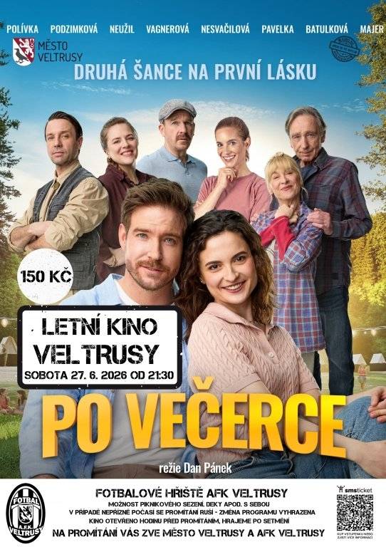 Město Veltrusy zve na letní promítání nové české komedie Po večerce. 📅 Sobota 27. června 2026 🕤 Začátek ve 21:30 hod. 📍 Fotbalové hřiště ve Veltrusích Příběh vyhořelého manažera, který se ujme vedení chátrajícího dětského tábora, přináší humor, vztahové peripetie i návrat ke kořenům. Čeká vás letní komedie plná emocí, lásky a nových začátků. 🎟️ Vstupné v předprodeji přes smsticket: 150 Kč.