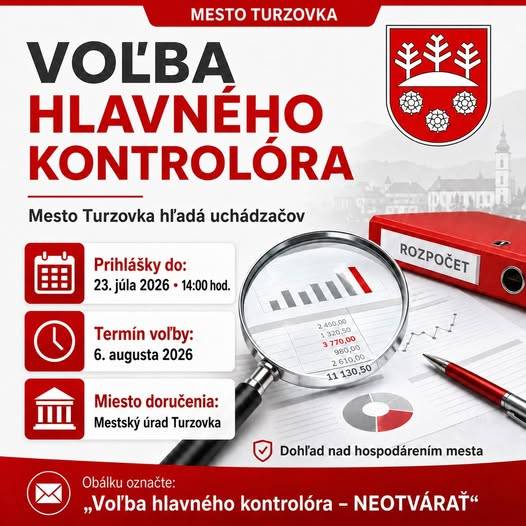 Mesto Turzovka vyhlasuje voľbu hlavného kontrolóra mesta Turzovka. Ide o dôležitú funkciu v samospráve, ktorej úlohou je dohliadať na zákonnosť, hospodárnosť a účelnosť nakladania s verejnými financiami a majetkom mesta.