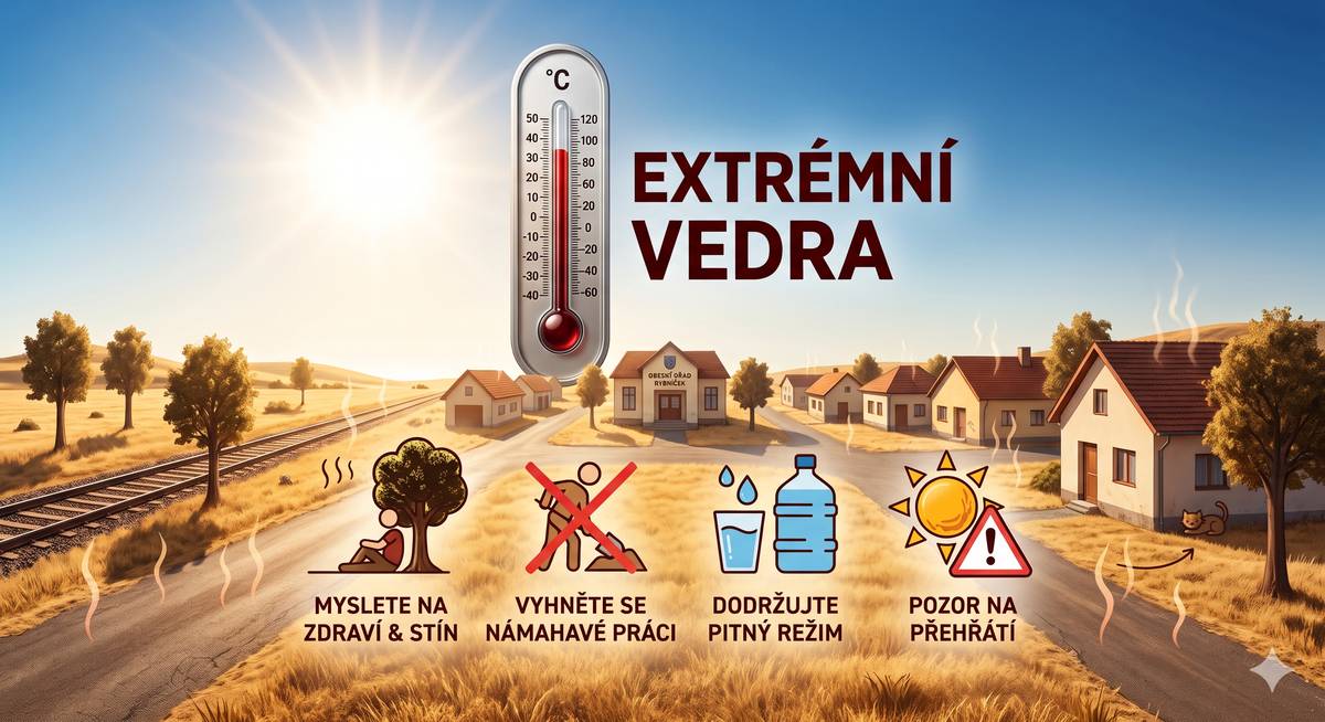 Vážení spoluobčané, Český hydrometeorologický ústav vydal pro naši oblast výstrahu před extrémně vysokými teplotami, které budou dosahovat až 37 °C. Výstraha platí od dnešního dne (soboty 27. 6.) do neděle 28. 6. 24:00. Při těchto extrémních teplotách hrozí velké riziko přehřátí a dehydratace. Chci vás proto poprosit, abyste v těchto dnech mysleli především na své zdraví a dodržovali následující doporučení:   Omezte namáhavou práci: Odložte těžkou fyzickou aktivitu a práci na zahradě či kolem domu na chladnější dny.   Pitný režim: Pijte dostatek neslazených nealkoholických nápojů, ideálně v kombinaci s minerálkami.   Slunce a stín: V poledních a odpoledních hodinách se vyhněte pobytu na přímém slunci.   Pozor na auta: Nikdy nenechávejte děti ani zvířata v zaparkovaných autech, a to ani na malou chvíli.   Buďme všímaví: Věnujte zvýšenou pozornost malým dětem, starším lidem a nemocným sousedům v našem okolí.   Dbejte na sebe a zbytečně neriskujte. Martin Kolařík starosta obce Rybníček