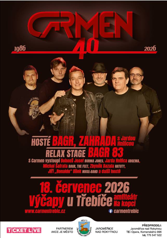 V TIC Opera Jaroměřice nad Rokytnou zakoupit vstupenky na koncert skupiny Carmen, který se uskuteční 18. července 2026 v amfiteátru Na Kopci ve Výčapech. Ceny vstupenek: do 30. 6. 2026 – 340 Kč (zvýhodněná cena) do 17. 7. 2026 – 390 Kč na místě – 450 Kč Platba možná pouze v hotovosti. Neváhejte s nákupem – zvýhodněná cena platí jen do konce června!