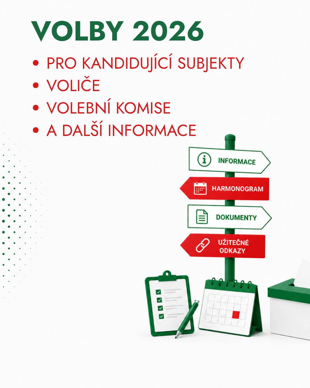 Na webových stránkách města Doksy jsme připravili samostatnou sekci věnovanou volbám do zastupitelstev obcí v roce 2026. Cílem je soustředit důležité informace na jedno místo, aby byly přehledně dostupné voličům, kandidujícím subjektům i členům okrskových volebních komisí. V sekci najdete zejména:   kontakty na pracovníky Městského úřadu Doksy,   právní předpisy související s volbami,   harmonogram úkolů a lhůt,   informace a vzory pro kandidující subjekty,   informace k delegování členů okrskových volebních komisí,   informace pro členy okrskových volebních komisí,   informace pro voliče,   odkazy na stránky Krajského úřadu Libereckého kraje,   odkazy na stránky Ministerstva vnitra ČR k otázkám voleb,   odkazy na stránky Českého statistického úřadu k výsledkům voleb.   Sekce bude sloužit jako průběžně aktualizovaný rozcestník pro všechny důležité informace k volbám. Najdete ji na webu města v části: Témata → Životní situace, informace → Volby → Volby do Zastupitelstev obcí 2026