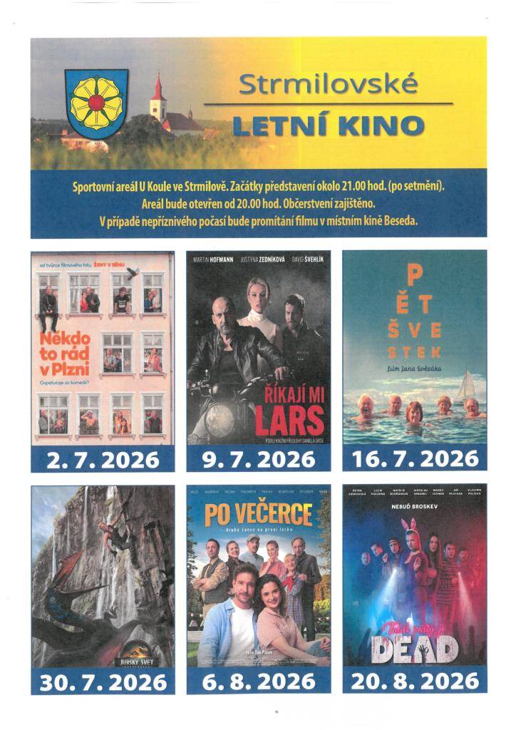 Blíží se prázdniny a s nimi i letní promítání filmů ve sportovním areálu U.Koule ve Strmilově. Začátky představení jsou po setmění, zpravidla kolem 21. hodiny. Areál bude otevřen od 20.00 hodin. Zajištěno je i občerstvení. V případě nepřízně počasí se promítání přesouvá do Kinosálu Beseda.