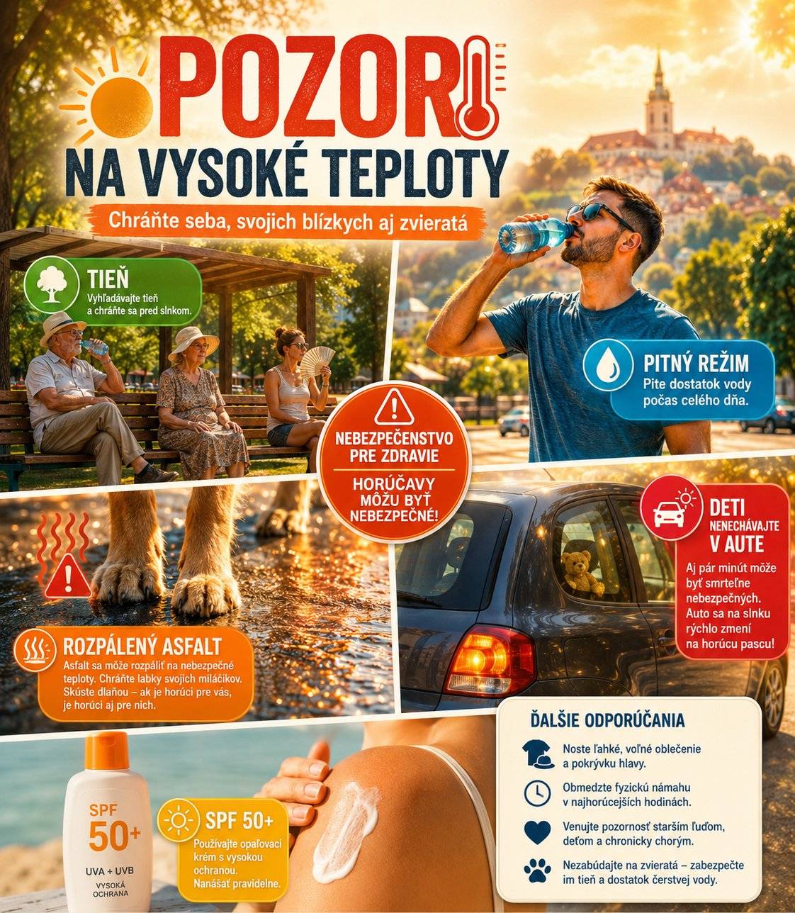 Pre okres Nitra platí dnes a nasledujúce dni výstraha 3. stupňa pred vysokými teplotami. Očakávajú sa teploty nad 38 °C. Prosíme občanov, aby počas dňa dbali na svoju bezpečnosť aj zdravie svojich blízkych: ✅ vyhľadávajte tieň a chladné miesta v príbytkoch ✅ dodržiavajte pitný režim ✅ obmedzte pobyt na priamom slnku a fyzickú námahu ✅ nenechávajte ani na moment deti ani zvieratá v odstavenom aute ✅ myslite aj na rozpálený asfalt, ktorý môže poškodiť labky zvierat ✅ používajte ochranný faktor SPF 50+ Buďte opatrní najmä pri deťoch, senioroch, tehotných ženách a chronicky chorých osobách. Chráňme seba, svojich blízkych aj zvieratá.