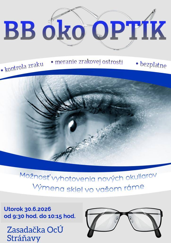 BB oko OPTIK ponúka kontrolu zraku, meranie zrakovej ostrosti a možnosť vyhotovenia nových okuliarov a výmenu skiel vo vašom ráme.