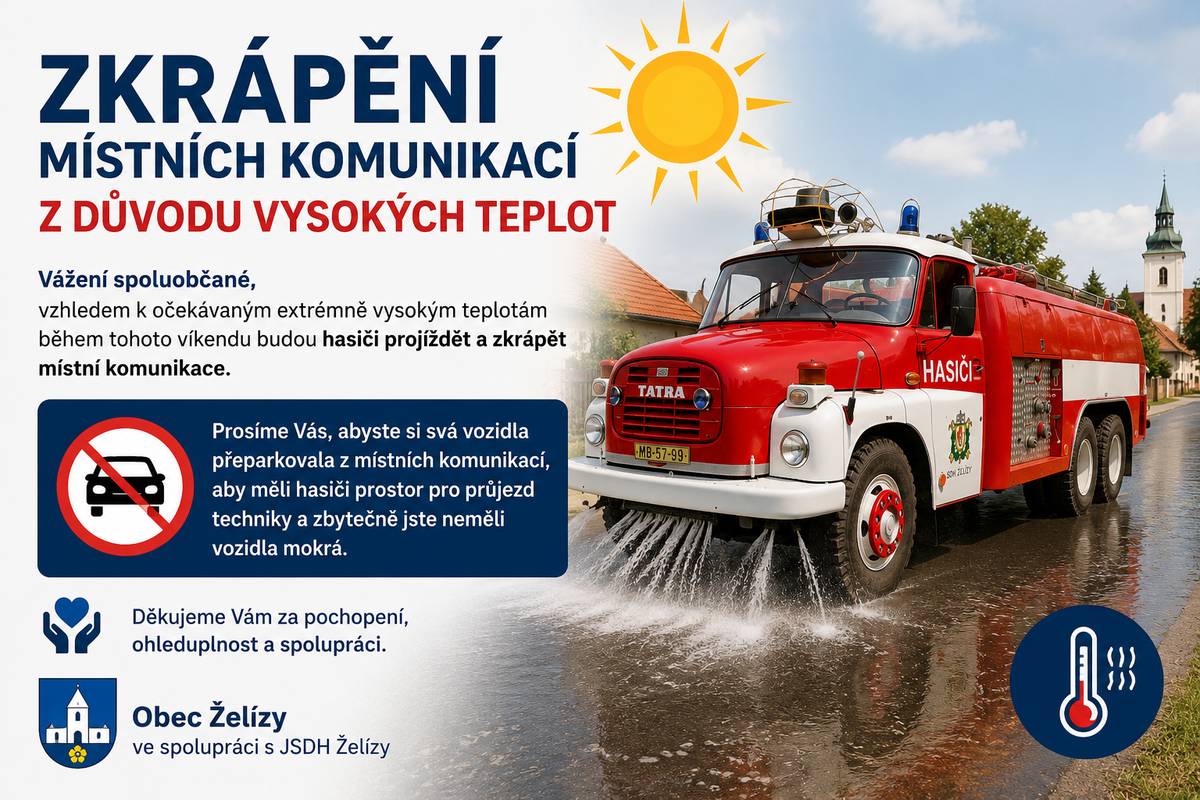 Vážení spoluobčané, vzhledem k očekávaným extrémně vysokým teplotám během tohoto víkendu budou členové Jednotky sboru dobrovolných hasičů Želízy provádět zkrápění místních komunikací. Cílem tohoto opatření je alespoň částečně zmírnit dopady extrémních veder na okolní prostředí – zejména snížit sálání nahromaděného tepla z rozpálených komunikací, krátkodobě zlepšit mikroklima v obci a omezit prašnost. Prosíme Vás proto, abyste si svá vozidla, pokud možno, přeparkovali z místních komunikací, aby měli hasiči dostatek prostoru pro průjezd techniky a zároveň nedošlo ke zbytečnému znečištění či namočení zaparkovaných vozidel. Děkujeme Vám za pochopení, ohleduplnost a spolupráci. Obec Želízy ve spolupráci s JSDH Želízy