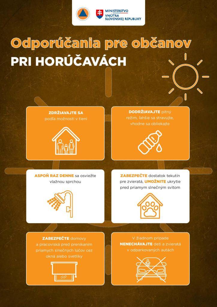Vážení občania, upozorňujeme vás na výstrahy, ktoré vydalo SHMÚ od  zajtra 27.6.2026 do nedele 28.6.2026 od 12:00 do 19:00 hod. VÝSTRAHU 3. stupňa na vysoké teploty nad 38 stupňov.