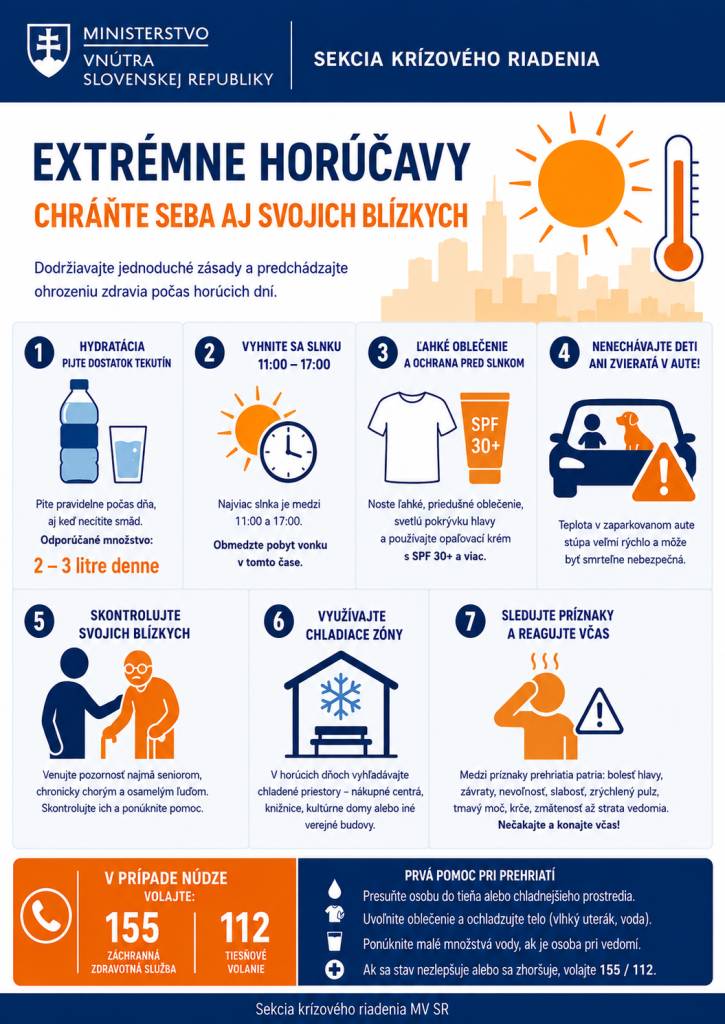 Upozorňujeme občanov v prípade výskytu extrémne vysokých teplôt ( II. a III. stupeň meteorologických výstrah) na odporúčania postupov a opatrení zameraných na zmiernenie negatívnych dopadov na zdravie a život obyvateľstva