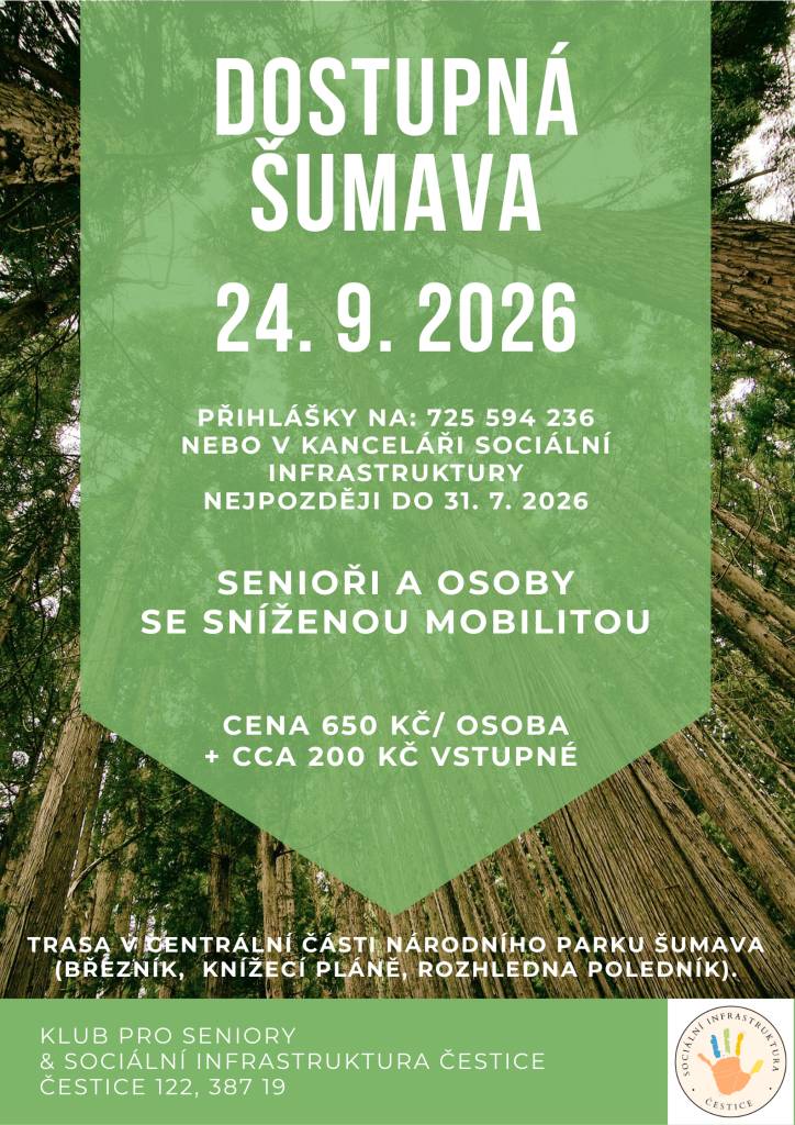 Sociální infrastruktura Čestice, p. o. připravila pro seniory a osoby se sníženou mobilitou z Čestic a okolí zájezd v rámci projektu Dostupná Šumava, který probíhá ve spolupráci Správa Národního parku Šumava.