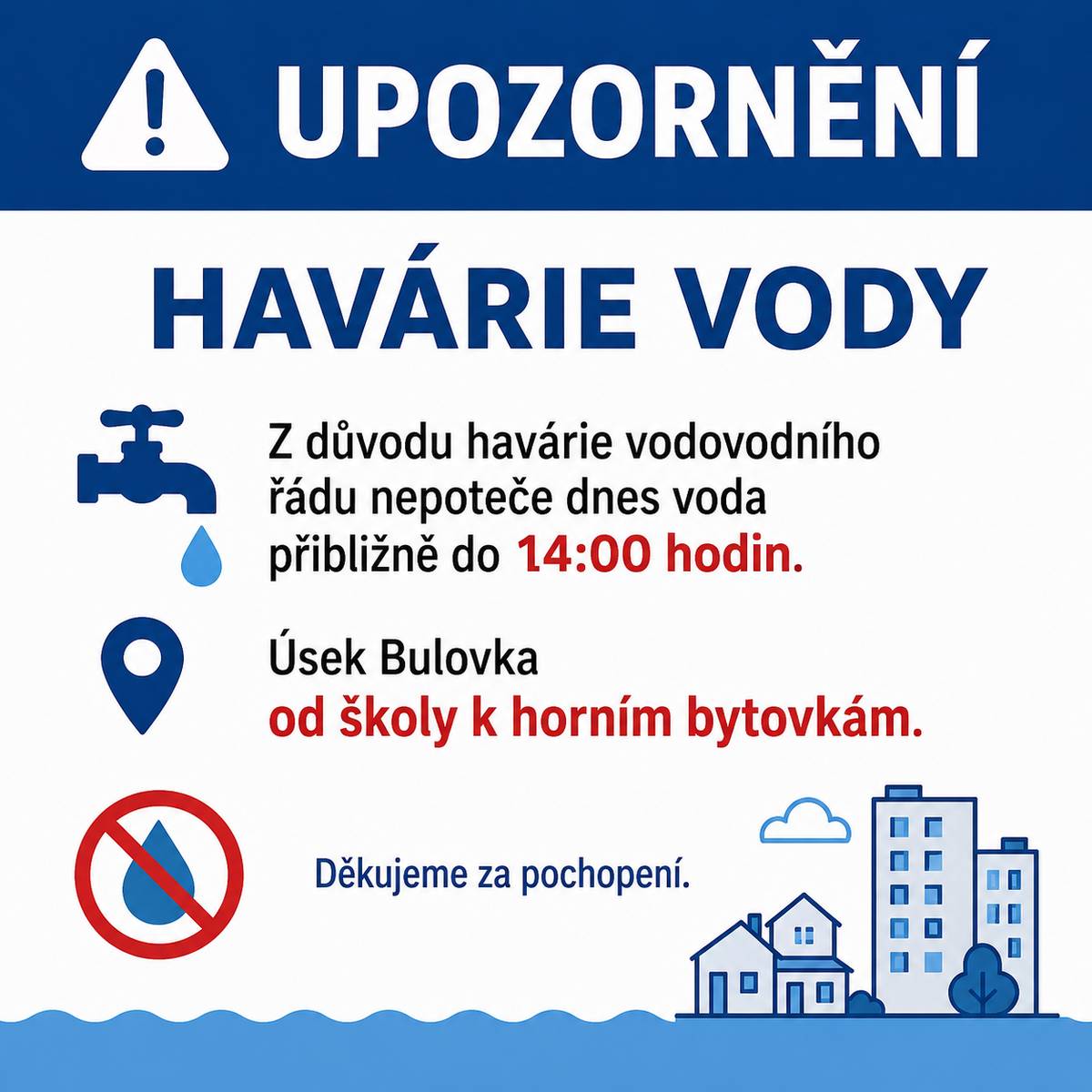 Upozornění – havárie vodovodu Z důvodu havárie vodovodního řádu nepoteče dnes voda přibližně do 14:00 hodin v úseku od školy k horním bytovkám v Bulovce. Děkujeme za pochopení.