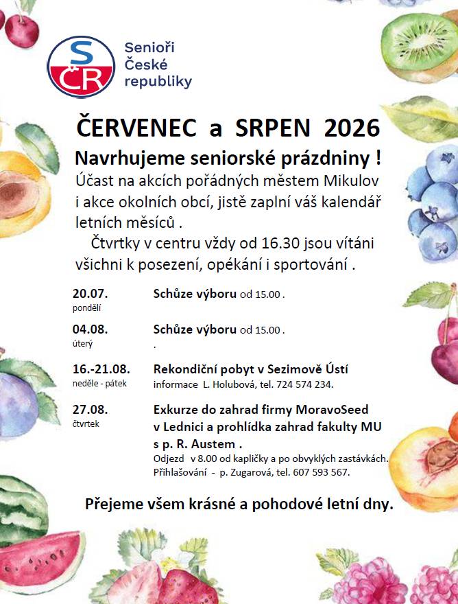 Plán akcí na měsíc červenec a srpen 2026