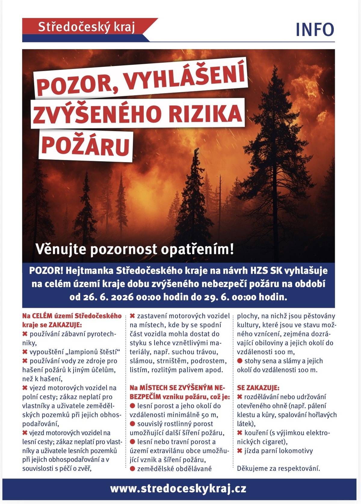 informuji vás, že vzhledem ke klimatickým podmínkám a na návrh ředitele Hasičského záchranného sboru Středočeského kraje na vyhlášení období zvýšeného nebezpečí vzniku požáru, vyhlásila hejtmanka v souladu s čl. 2 Nařízení Středočeského kraje č. 1/2025 na období od 26. 6. 2026 00:00hodin do 29. 6.2026 00:00 hodin „dobu zvýšeného nebezpečí vzniku požáru na celé území kraje“.