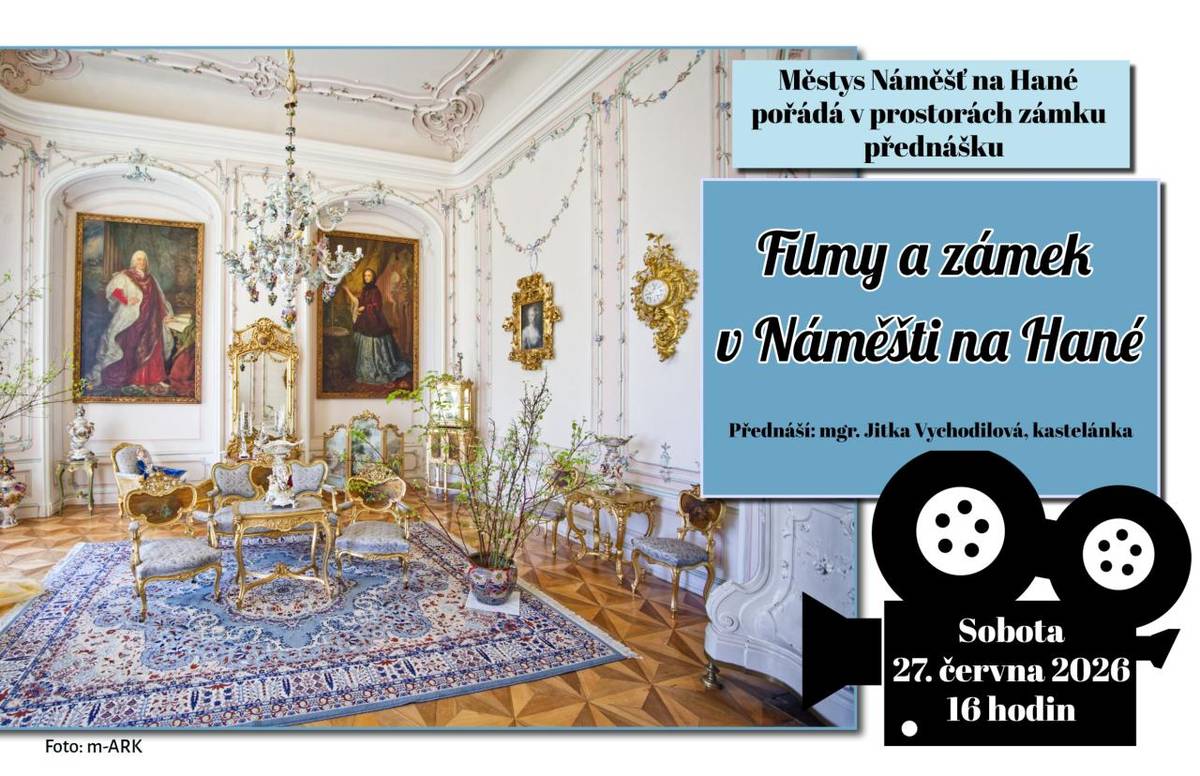 Přednáška 27.června 2026 16:00 hod - Filmy a zámek v Náměšti na Hané, vstupné dobrovolné.