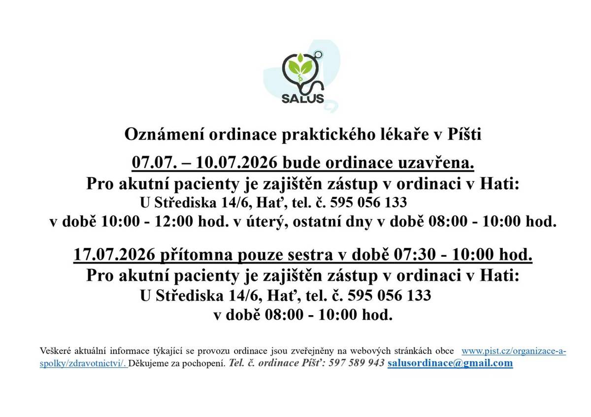 Změna ordinační doby praktického lékaře Píšť v červenci