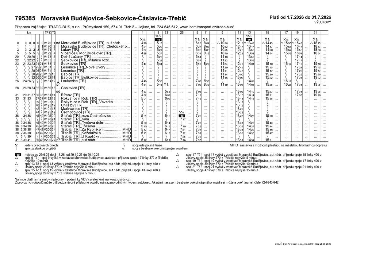výlukový jízdní řád linky 795385 bude platný od 01. 07. 2026 do 31. 07. 2026 z důvodu uzavírky silnice III/36068 mezi obcemi Vícenice a Dolní Lažany. V příloze také naleznete porovnání stávajícího a výlukového jízdního řádu. Další informace o řešení autobusové dopravy v rámci této (i dalších uzavírek) naleznete na stránkách idsvdv.cz v sekci Mimořádnosti a výluky -> Autobusové výluky.