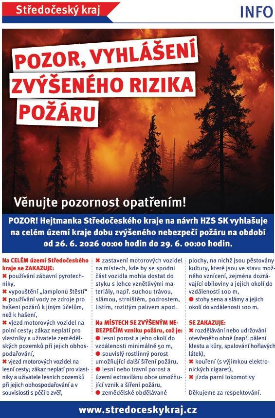 POZOR! Hejtmanka Středočeského kraje na návrh Hasičského záchranného sboru SK vyhlašuje na celém území kraje dobu zvýšeného nebezpečí požáru na období od 26. 6. 2026 00:00 hodin do 29. 6. 00:00 hodin.