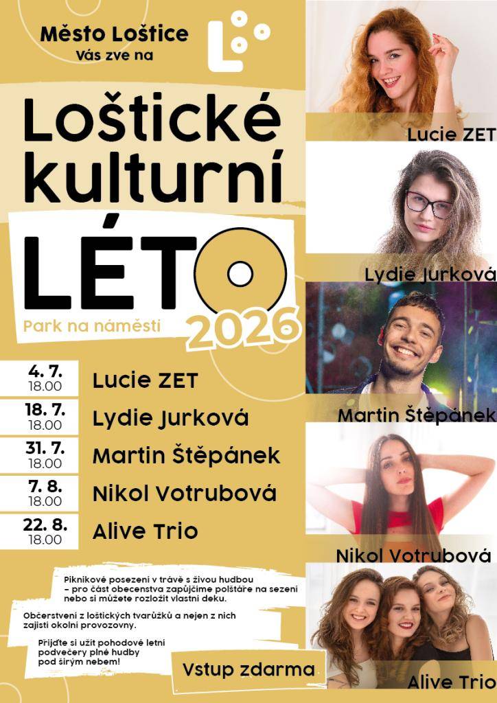 Piknikové posezení v trávě s živou hudbou se koná v Lošticích v letních podvečerech. Můžete se těšit na vystoupení různých umělců a pohodlné sezení na polštářích nebo dekách. Občerstvení bude zajištěno z loštických tvarůžků a dalších specialit.