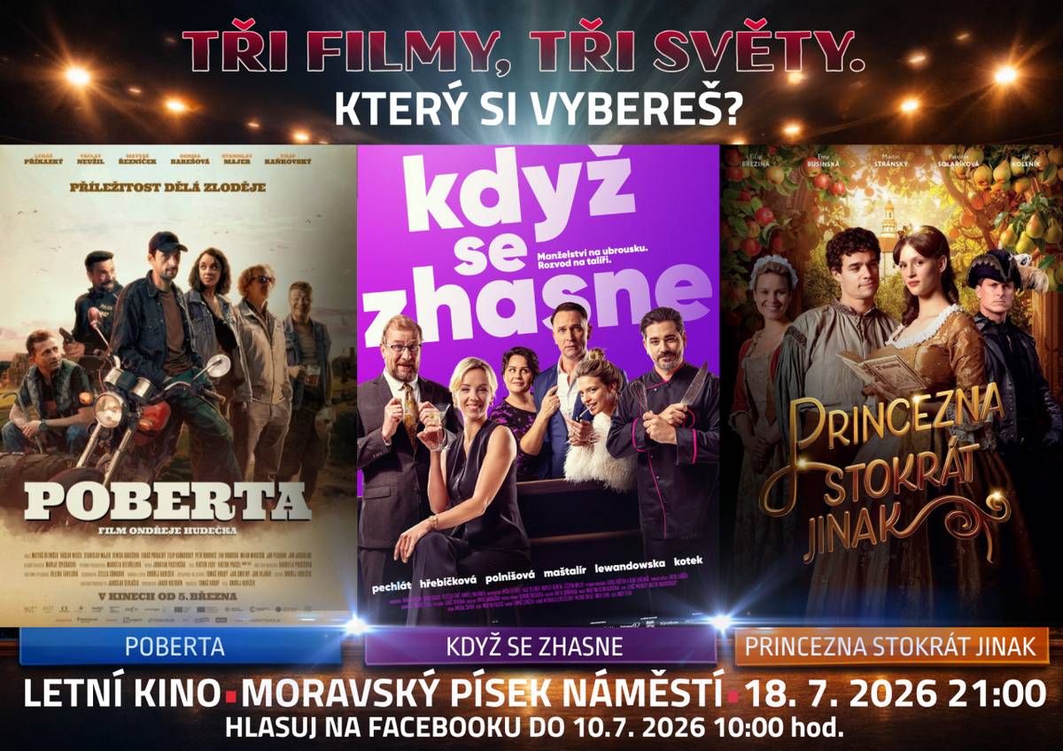 Letní kino v Moravském Písku se uskuteční 18. července 2026 od 21:00. Vyberte si film, který chcete vidět. Hlasování o filmu probíhá na facebooku do 10. července 2026 do 10:00.