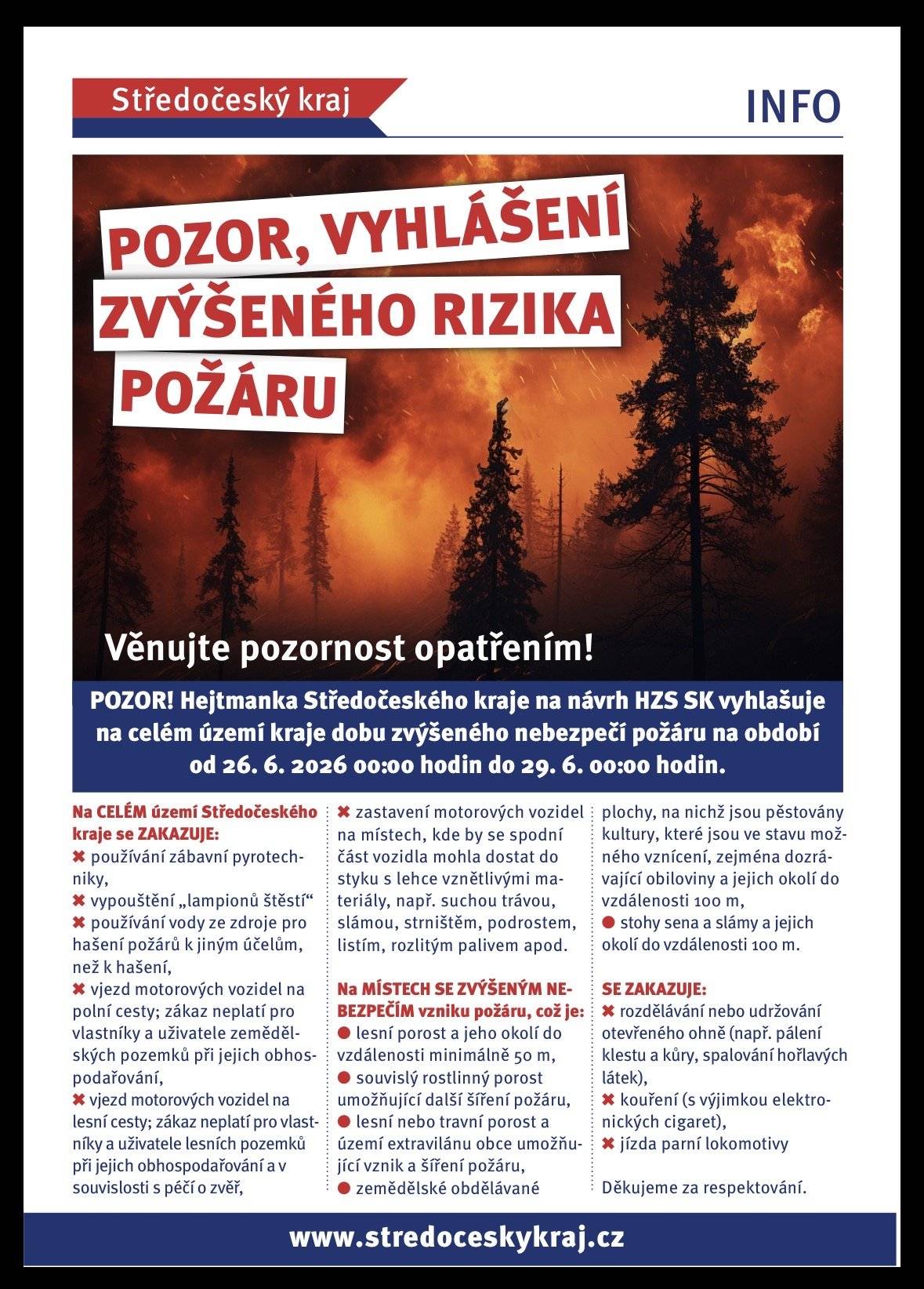 Na návrh HZS SK se vyhlašuje od 26.6. do 29.6. 2026 doba zvýšeného rizika požáru.