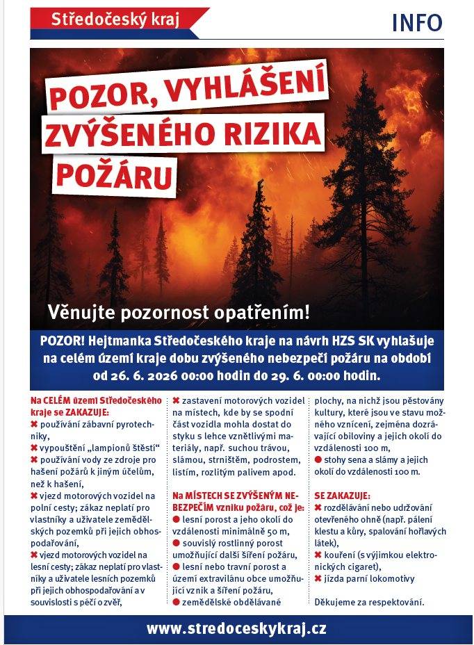Vzhledem ke klimatickým podmínkám a na návrh ředitele HZS Středočeského kraje, vyhlásila hejtmanka v souladu s čl. 2 Nařízení Středočeského kraje č. 1/20025 na období od 26. 6. 2026 00:00 hodin do 29. 6.2026 00:00 hodin  „dobu zvýšeného nebezpečí vzniku požáru na celé území kraje".