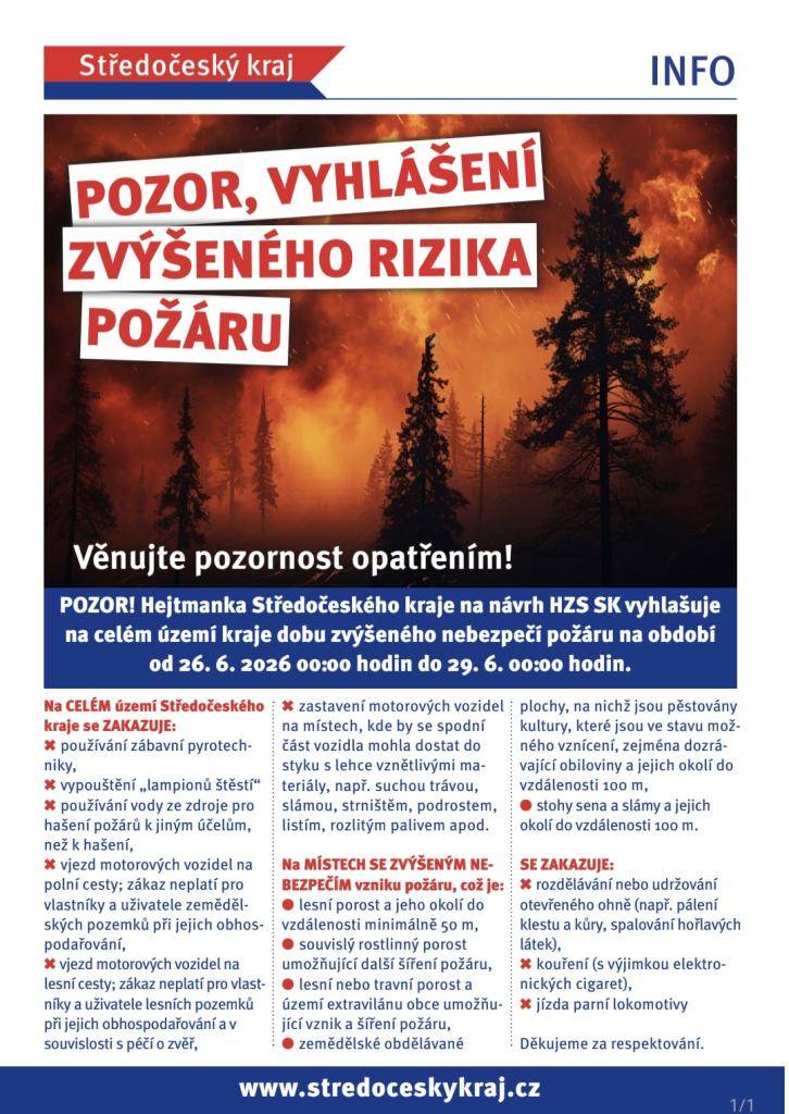 Nařízení Středočeského kraje č. 1/20025 na období od 26. 6. 2026 00:00 hodin do 29. 6.2026 00:00 hodin „dobu zvýšeného nebezpečí vzniku požáru na celé území kraje“.
