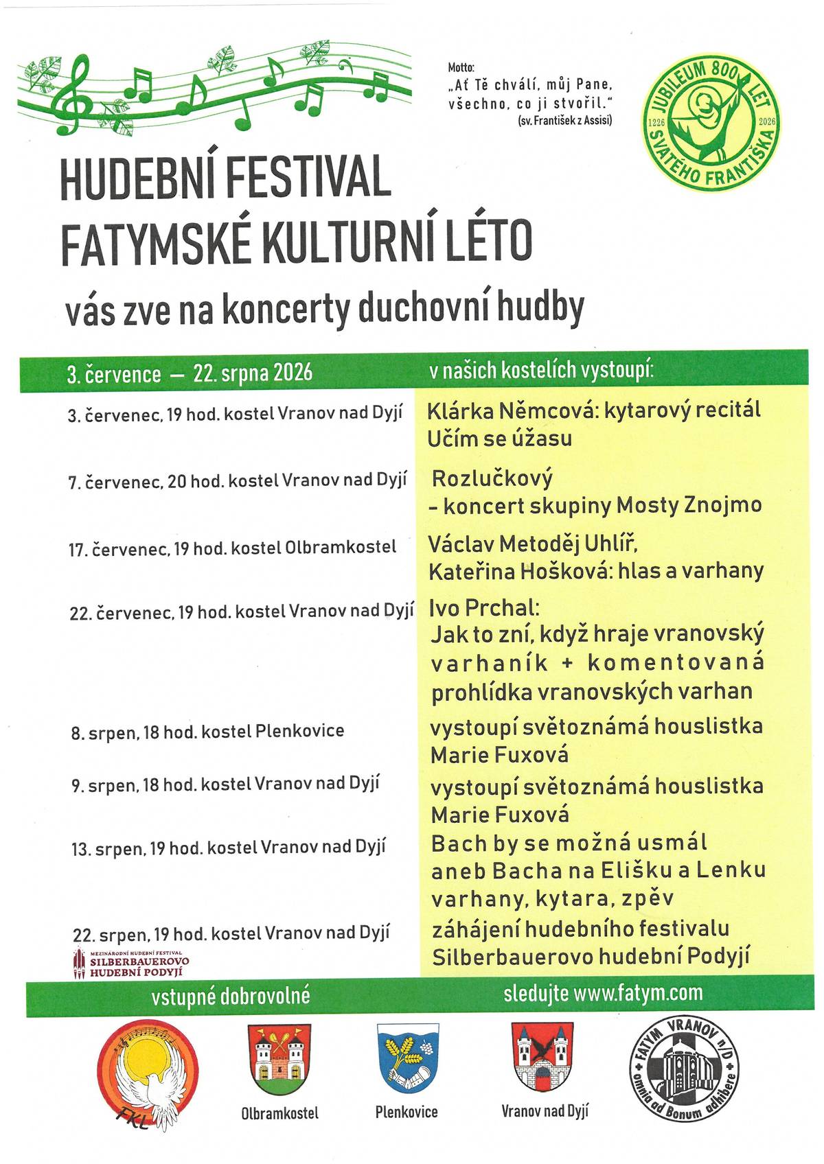 Hudební festival Fatymské kulturní léto vás zve na koncerty duchovní hudby.