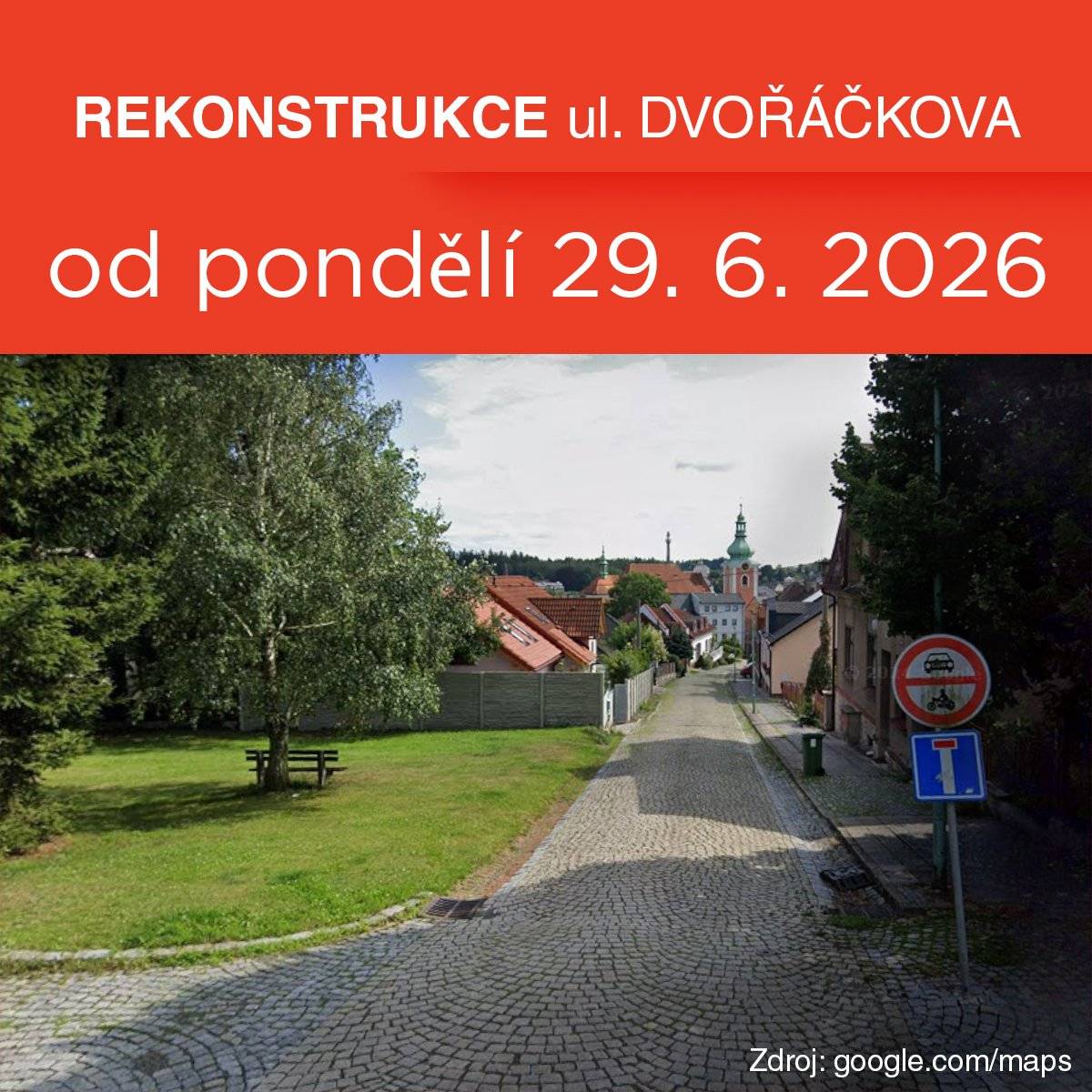 Od pondělí 29. 6. 2026 bude zahájena kompletní rekonstrukce ulice Dvořáčkova. V souvislosti s touto stavbou bude ulice uzavřena jak pro motorová vozidla, tak pro chodce a cyklisty. Pěší přístup k přilehlým nemovitostem bude zachován. Letošní první etapa stavby se dotkne úseku od prampouchu po parkoviště u hřbitova, přičemž kolem hřbitovní zdi zůstane po celou dobu 6-ti metrový prostor pro průjezd (viz přiložené situace). Kompletní informace naleznete na WEBU MĚSTA.