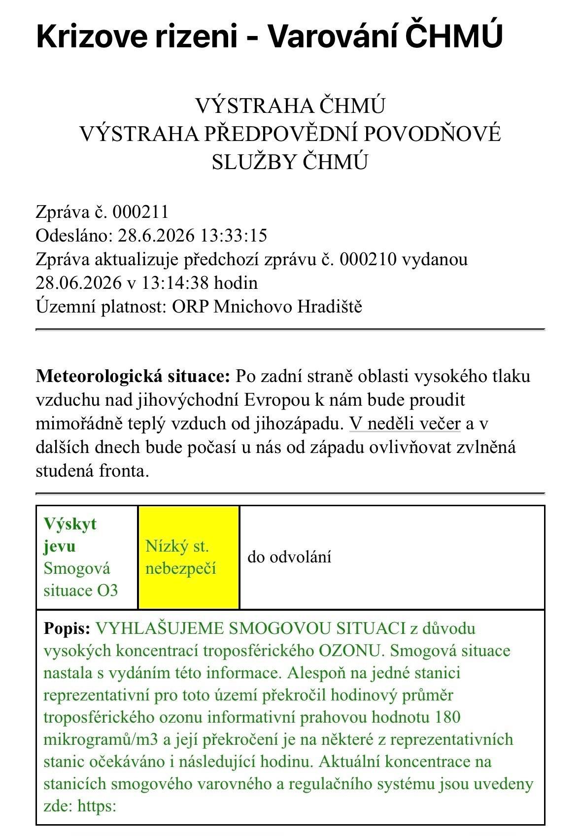 Do odvolání platí i pro území Mnichova Hradiště smogová situace z důvodu výskytu přízemního ozonu O₃. Doporučení ke zmírnění následků jevu: Při pobytu venku v odpoledních hodinách doporučujeme zdržet se zvýšené fyzické zátěže, spojené se zvýšenou frekvencí dýchání. Doporučení platí zejména pro osoby s chronickými dýchacími potížemi, starší lidi a malé děti. Více viz doporučení SZÚ: http://www.szu.cz/tema/zivotni-prostredi/smogova-situace-co-muzeme-udelat
