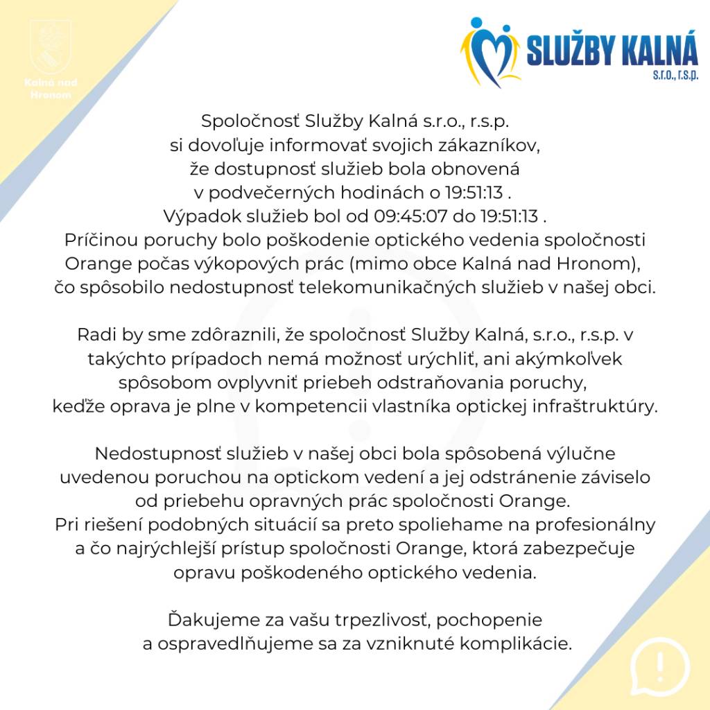 Informácia k výpadku internetu