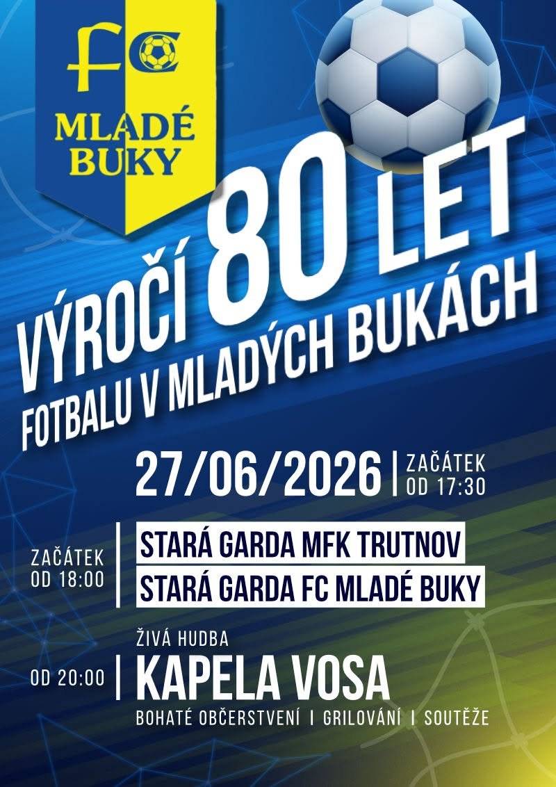 FC Mladé Buky slaví 80 let! Srdečně vás zveme na oslavy 80. výročí fotbalu v Mladých Bukách, které se uskuteční v sobotu 27. června 2026. Od 17:30 začíná program, od 18:00 se můžete těšit na utkání Stará garda MFK Trutnov × Stará garda FC Mladé Buky. Večer od 20:00 zahraje k tanci i poslechu kapela VOSA. Čeká vás bohaté občerstvení, grilování a soutěže. Přijďte s námi oslavit významné jubileum místního fotbalu!