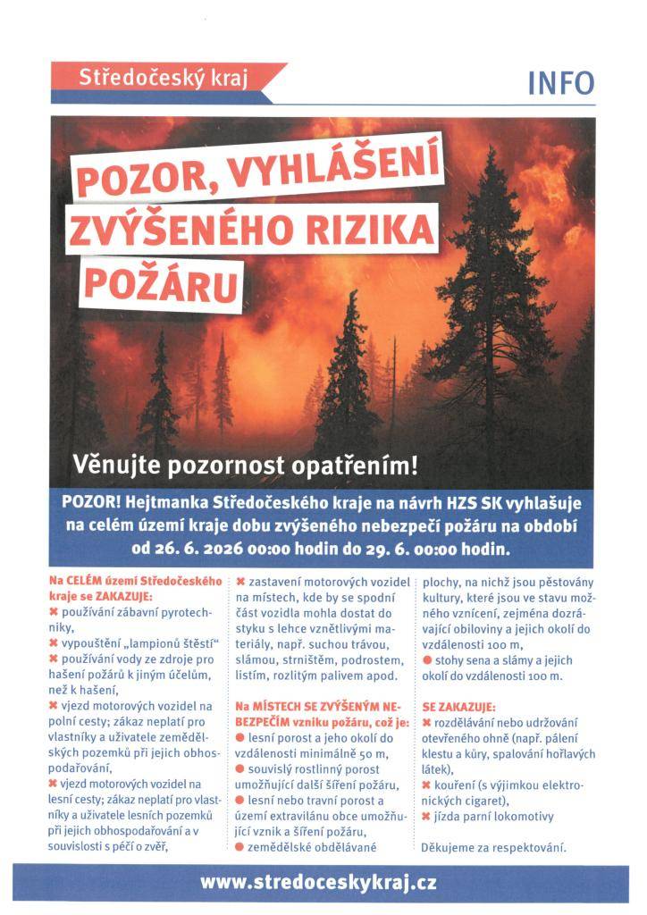 vyhlášení zvýšeného rizika požáru na celém území kraje
