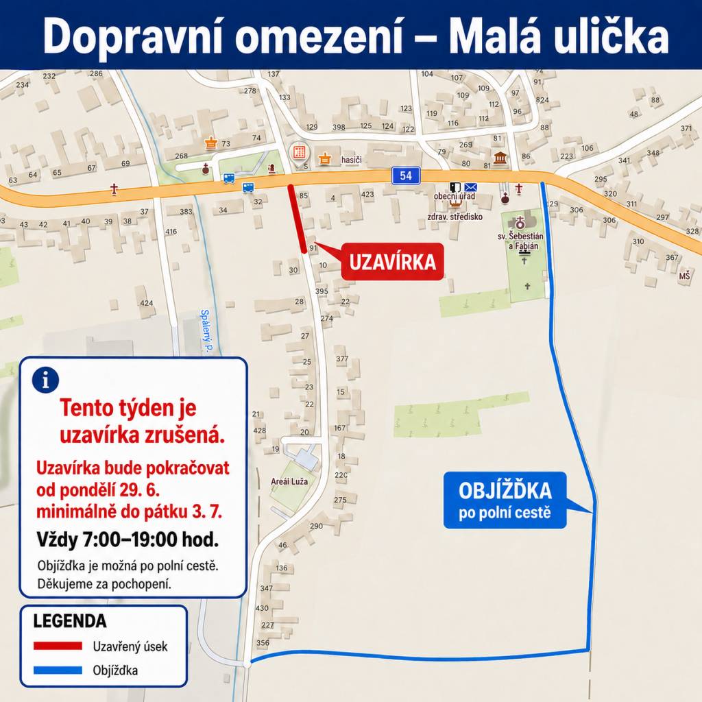 Informujeme občany, že uzavírka komunikace v Malé uličce je pro tento týden zrušena.  Uzavírka bude z důvodu pokračujících výkopových prací znovu probíhat v příštím týdnu, a to od pondělí 29. 6., vždy přibližně od 7:00 do 19:00 hodin.