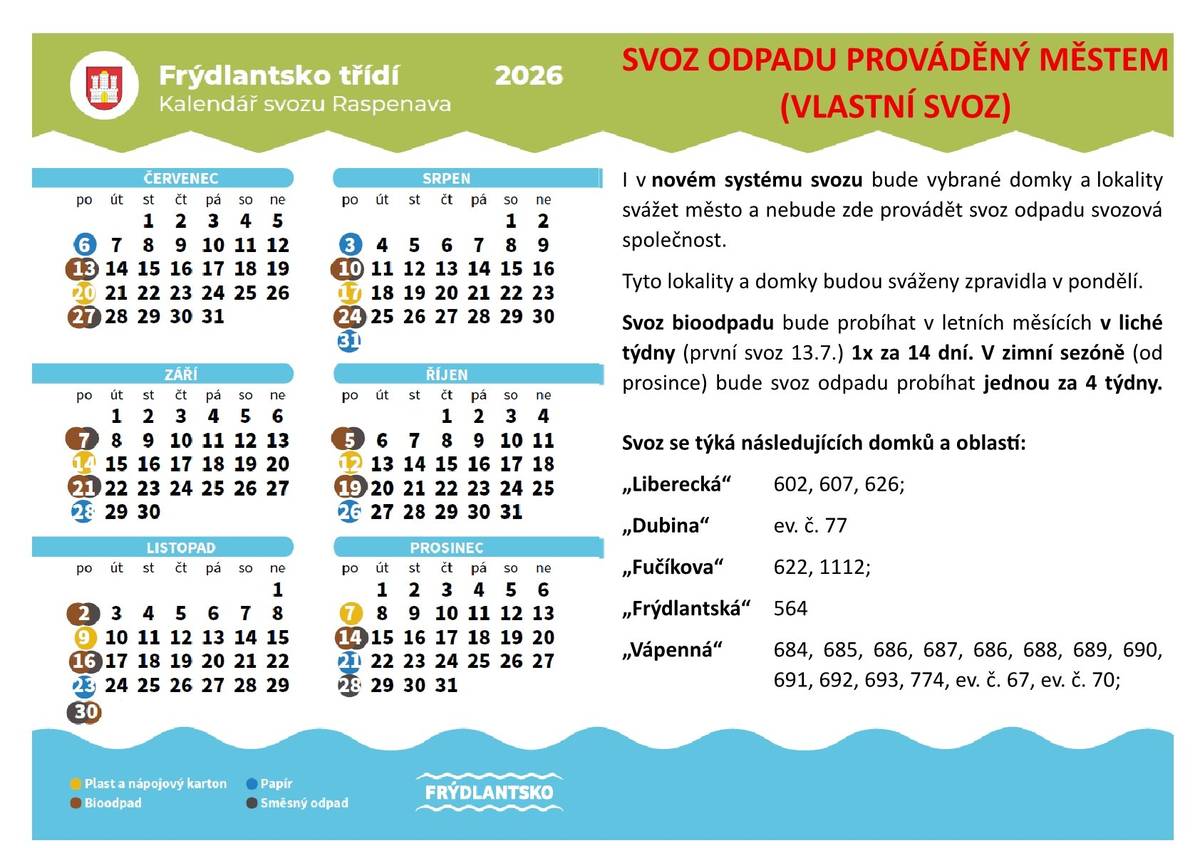 I v novém systému svozu bude vybrané domky a lokality svážet město a nebude zde provádět svoz odpadu svozová společnost.  Tyto lokality a domky budou sváženy zpravidla v pondělí. Svoz jednotlivých komodit viz kalendář, stejně jako daná čísla popisná. Děkujeme za spolupráci i trpělivost při rozjezdu nového systému.
