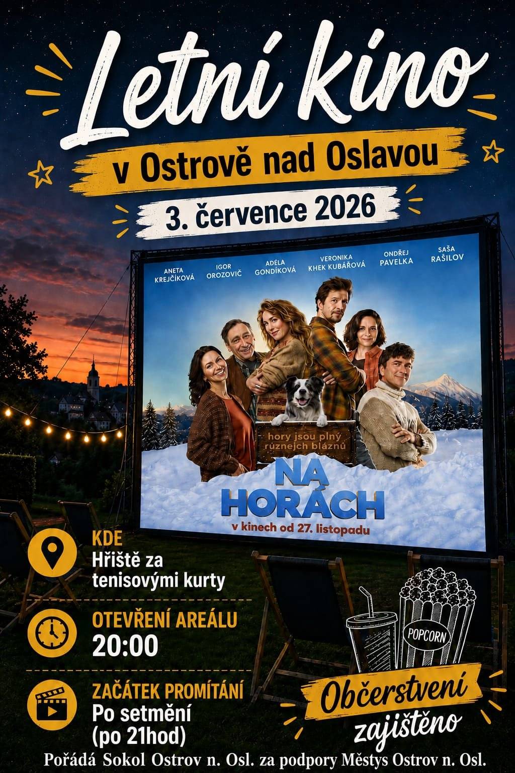 TJ Sokol Ostrov nad Oslavou za podpory Městyse Ostrov nad Oslavou pořádá na hřišti za tenisovými kurty Letní kino. Promítání se uskuteční v pátek 3. července po setmění, po 21.00 hod. Areál bude otevřen ve 20.00. Občerstvení zajištěno.