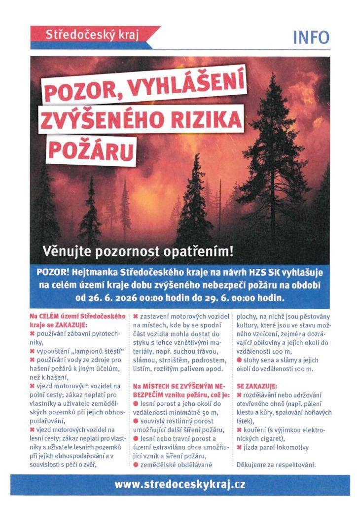 Vyhlášení zvýšeného rizika požárů ve Středočeském kraji