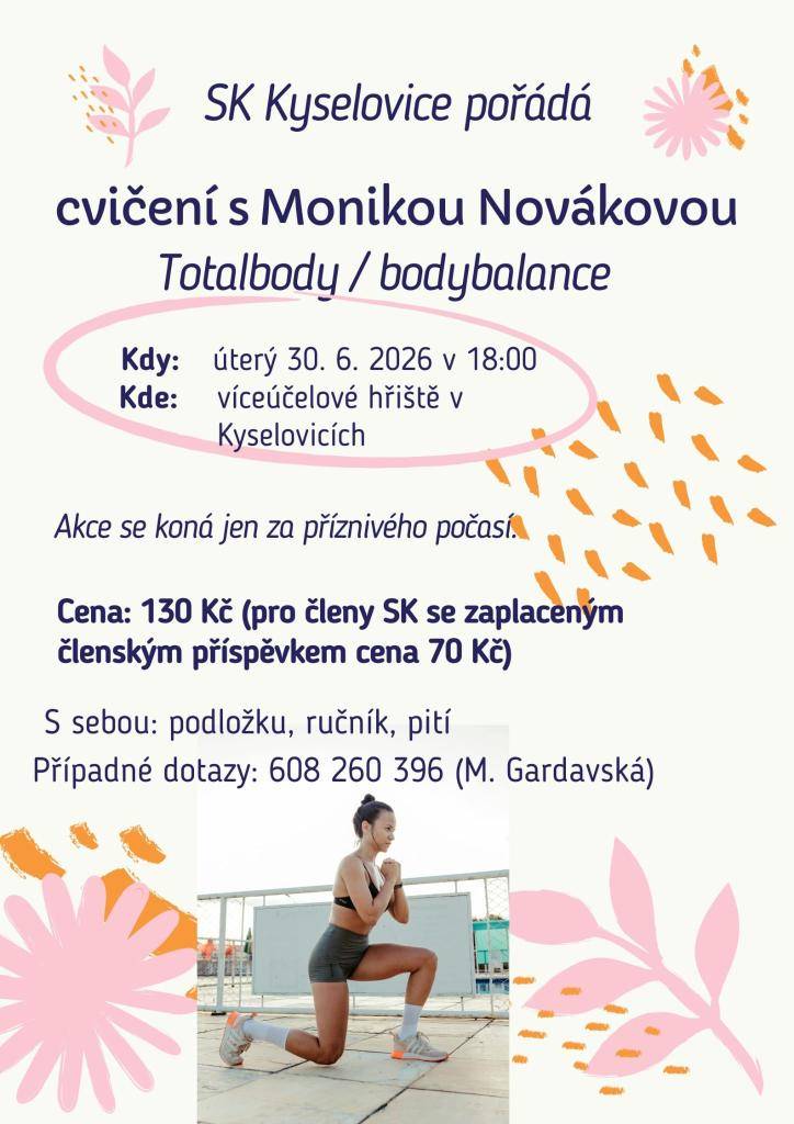 Sportovní klub Kyselovice pořádá cvičení s Monikou Novákovou Totalbody/bodybalance