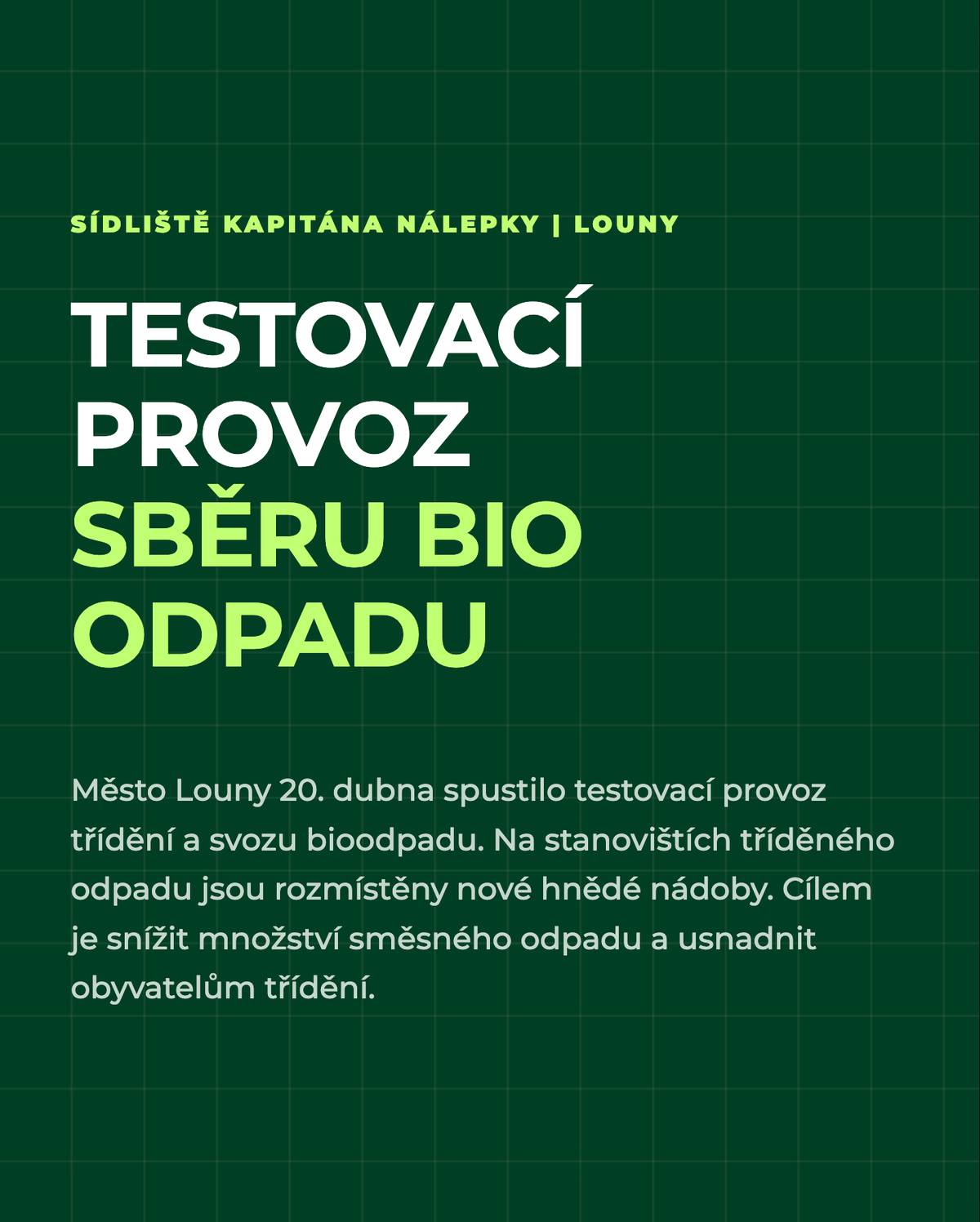 Informace o třídění odpadů, bioodpadu i zajímavosti z projektu Louny třídí nově pravidelně zveřejňujeme také na sociálních sítích. Najdete zde praktické rady, videa i odpovědi na nejčastější otázky k třídění odpadu v Lounech. Pokud nás ještě nesledujete na Facebooku, Instagramu nebo TikToku, přinášíme vám výběr informačních grafik k tématu bioodpadu. Děkujeme vám, že třídíte. ♻️