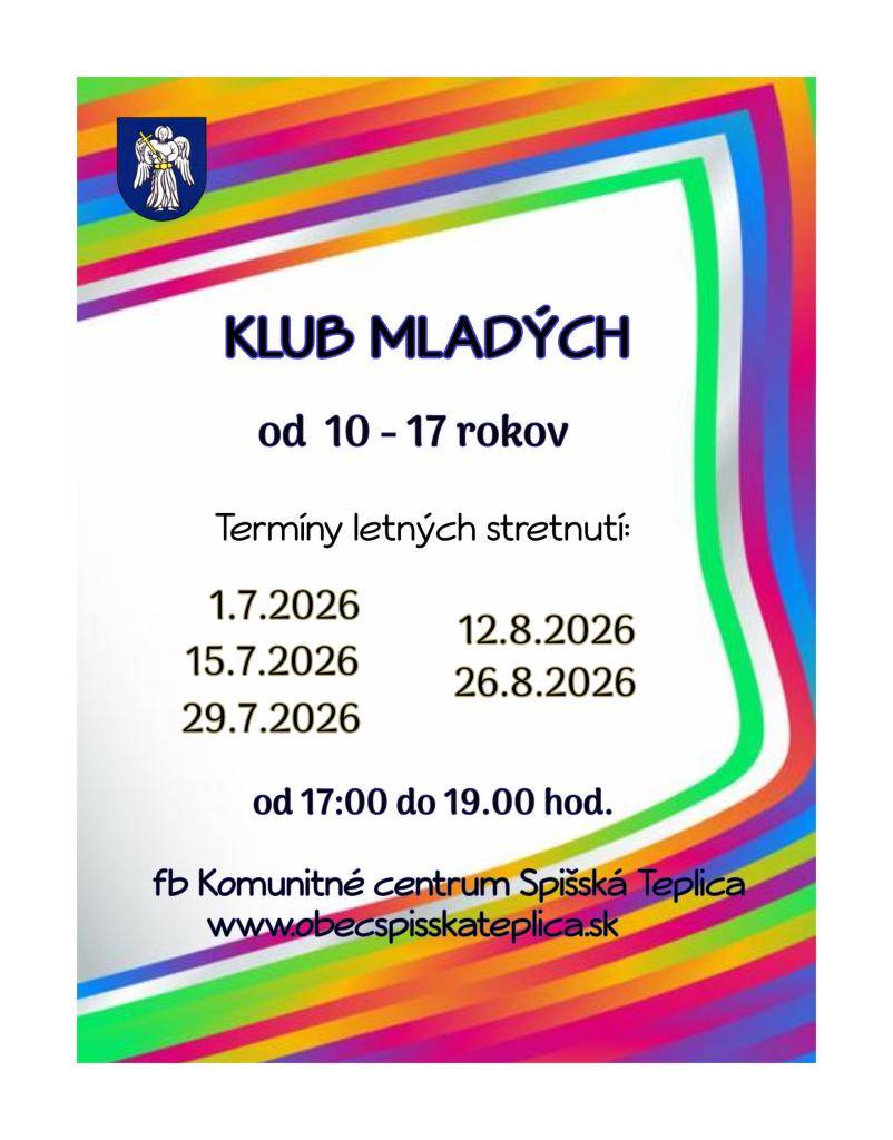 Obec Spišská Teplica v spolupráci s komunitným centrom pozýva mládež vo veku od 10 do 17 rokov do KLUBU MLADÝCH.