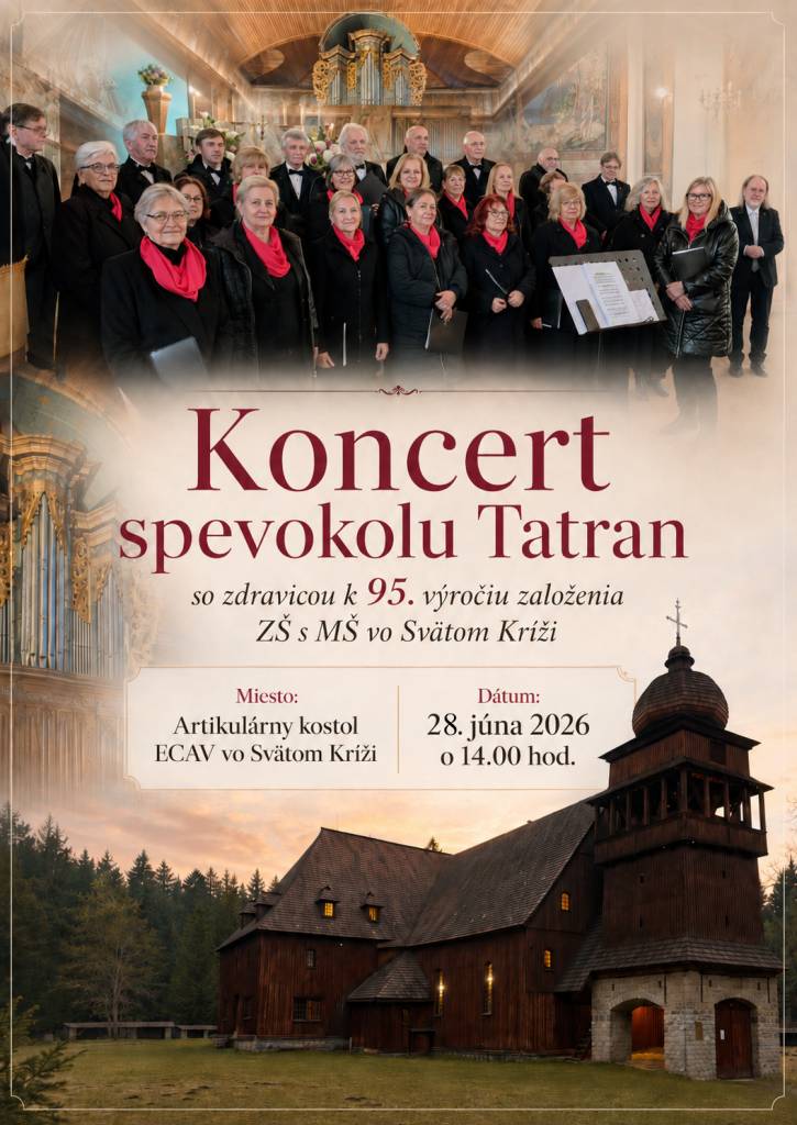 Dňa 25. júna 2026 sa uskutoční koncert spevokolu Tatran. Srdečne vás pozývame na tento výnimočný hudobný zážitok.    Miesto: Artikulárny kostol ECAV vo Svätý Kríž    Dátum: 28.06.2026    Čas: 14:00 hod