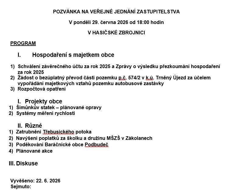 Vážení sousedé, dovolujeme si vás pozvat na veřejné zasedání, které se koná v pondělí 29. června 2026 od 18 hodin v Klubovně hasičské zbrojnice.   Lucie Wittlichová starostka