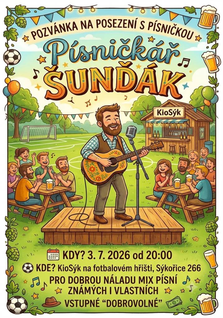 KioSýk zve všechny přátele dobré zábavy na vystoupení písničkáře Šunďáka, které se uskuteční v pátek 3.7.2026 od 20:00 hod. na místním fotbalovém hřišti.