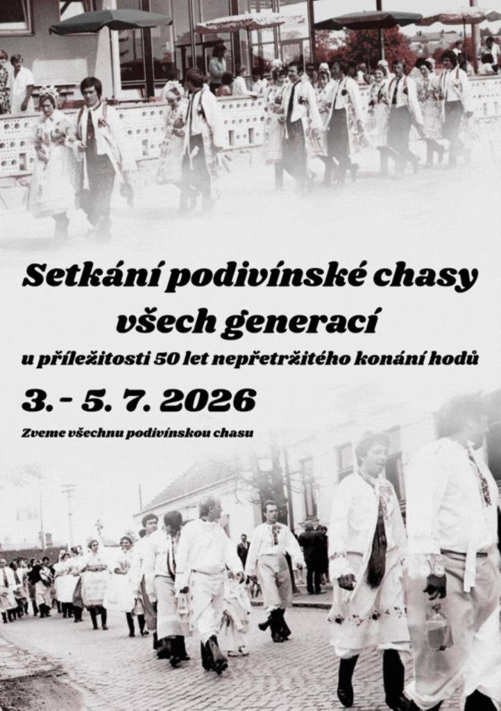 Zveme všechny hodaře na setkání podivínské chasy všech generací u příležitosti 50 let nepřetržitého konání hodů, které se uskuteční v sobotu 4. července v 9,30 hod. na radnici. U této příležitosti můžete navštívit vzpomínkovou výstavu fotografií podivínských hodů.