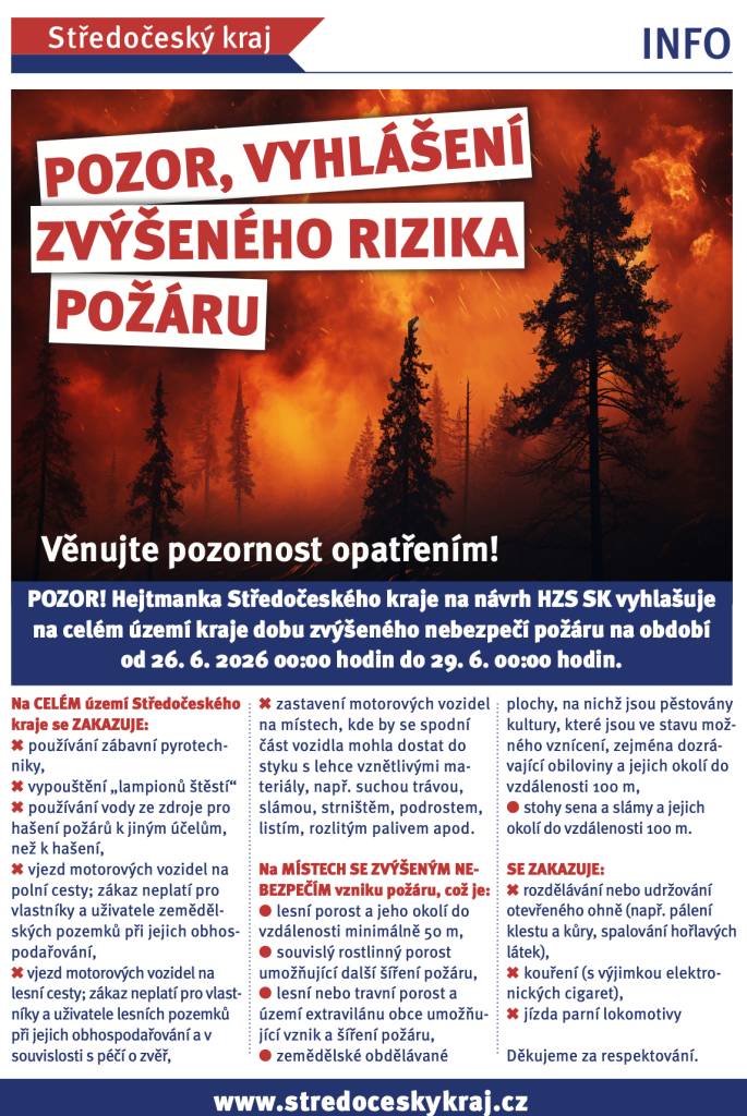 Hejtmanka Středočeského kraje na návrh HZS SK vyhlašuje na celém území kraje dobu zvýšeného nebezpečí požáru na období od 26.6.2026 00:00 hodin do 29.6.2026 00:00 hodin. Podrobnosti včetně zakázaných činností naleznete v přiloženém letáku.
