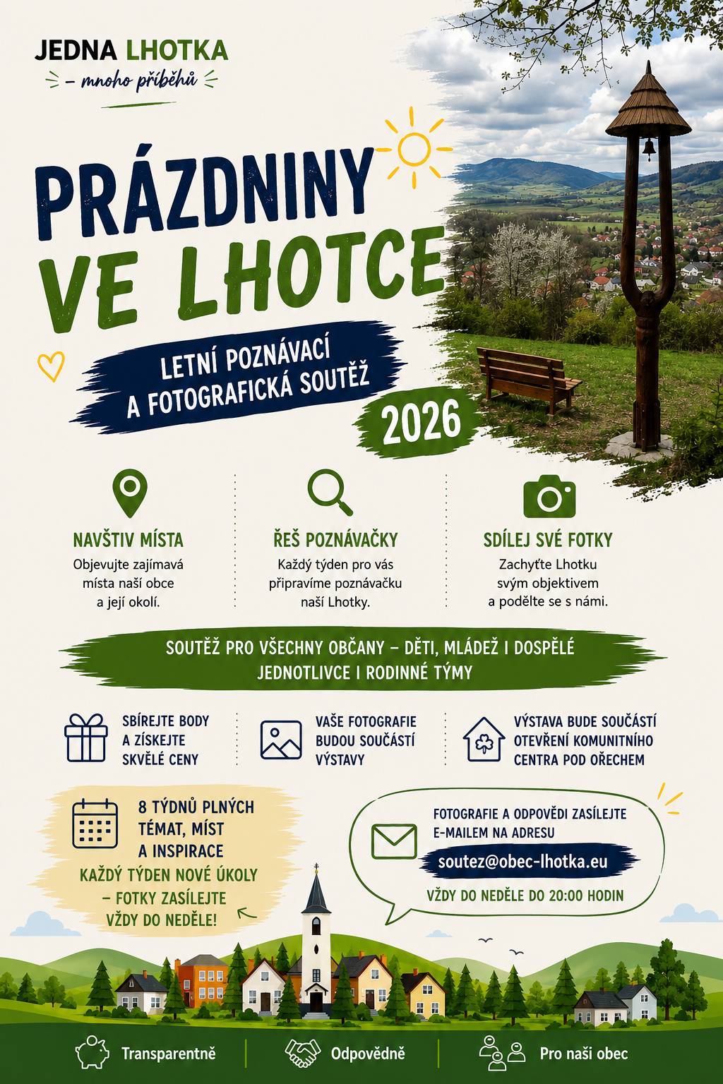 Prázdniny jsou tady a my jsme si pro vás připravili letní novinku – 1. ročník poznávací a fotografické soutěže Prázdniny ve Lhotce 2026. Zveme všechny občany Lhotky – děti, mládež, dospělé i celé rodiny – aby se společně vydali objevovat krásná místa naší obce, řešili zajímavé poznávačky a zachytili Lhotku svým objektivem. 📍 Každý týden na vás čeká: ✔️ Místo týdne ✔️ Poznávačka týdne ✔️ Fotografická inspirace Za splněné úkoly budete sbírat body a na konci prázdnin oceníme nejúspěšnější soutěžící. Z vybraných fotografií navíc připravíme výstavu „Lhotka očima občanů“, která bude součástí slavnostního otevření nového komunitního centra Pod Ořechem. 📄 Dnes zveřejňujeme pravidla soutěže. - zde ke stažení 📅 V pondělí představíme první soutěžní týden a první úkoly. Aktuální soutěžní úkoly budou zveřejňovány na:  webových stránkách obce, facebookovém profilu obce, prostřednictvím Mobilního rozhlasu.  Věříme, že si soutěž užijete a společně vytvoříme krásnou prázdninovou fotokroniku naší obce. Těšíme se na vaše fotografie i zážitky! 📸🌞