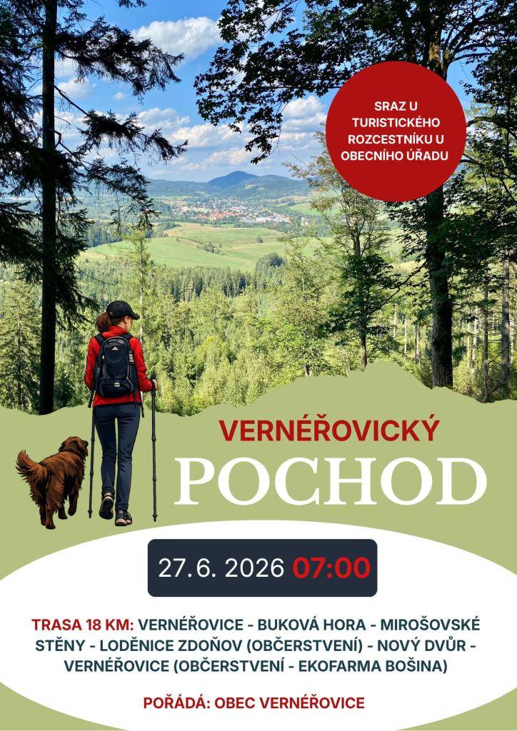 Turistický pochod v sobotu 27.6.2026 už od 7 hodin!!!    Sraz u školy ve Vernéřovicích