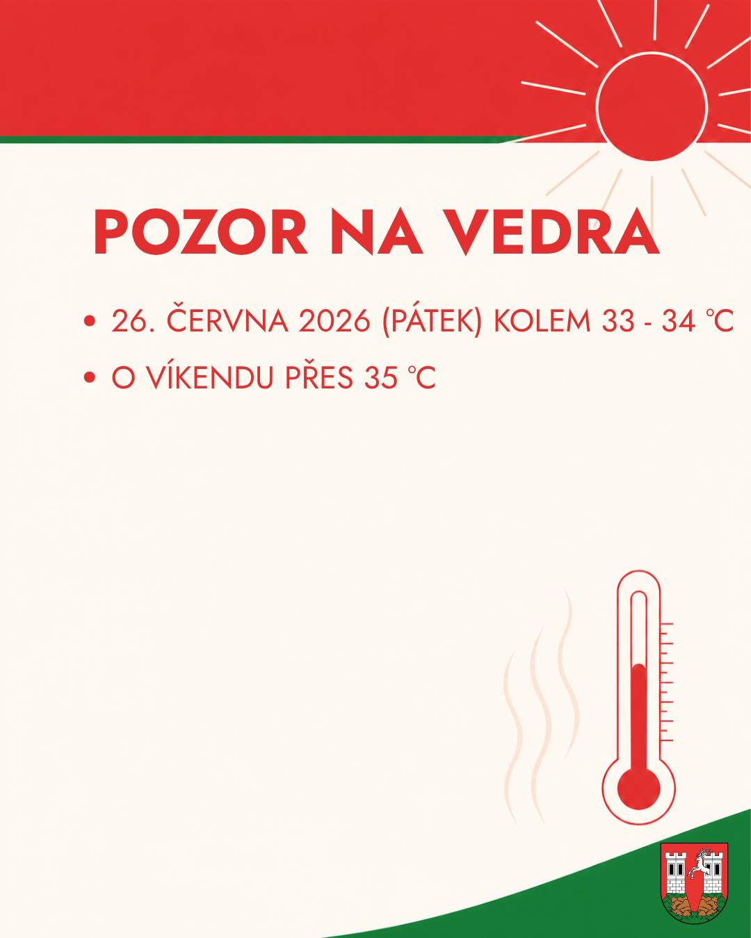 ČHMÚ upozorňuje na vysoké teploty pro oblast Česká Lípa, tedy i Doksy. V pátek zhruba 33–34 °C a o víkendu může být místy přes 35 °C. To už není počasí na hrdinství, ale na vodu, stín a klidnější tempo. Co dělat? Ven raději ráno nebo večer. Přes poledne a odpoledne omezit sport, nákupy, práci venku i dlouhé procházky. Pít průběžně — ne až ve chvíli, kdy tělo hlásí „nouzový režim“. Zavolat seniorům v rodině nebo sousedství a připomenout jim pití. Děti držet víc ve stínu, s čepicí a vodou po ruce. Psy venčit hlavně ráno nebo večer — rozpálený asfalt není wellness pro tlapky. A hlavně: děti ani zvířata nikdy nenechávejte v zaparkovaném autě. Ani na chvilku. Když se někdo přehřeje: přesuňte ho do stínu nebo chladu, uvolněte oblečení, ochlazujte hlavu, krk a tělo a dávejte pít pomalu po menších dávkách. Při zmatenosti, bezvědomí, křečích, zvracení nebo zhoršujícím se stavu volejte 155 nebo 112. Vedro přes 35 °C není výzva k výkonu. Je to výzva k tomu dát si vodu, stín a trochu pauzu.