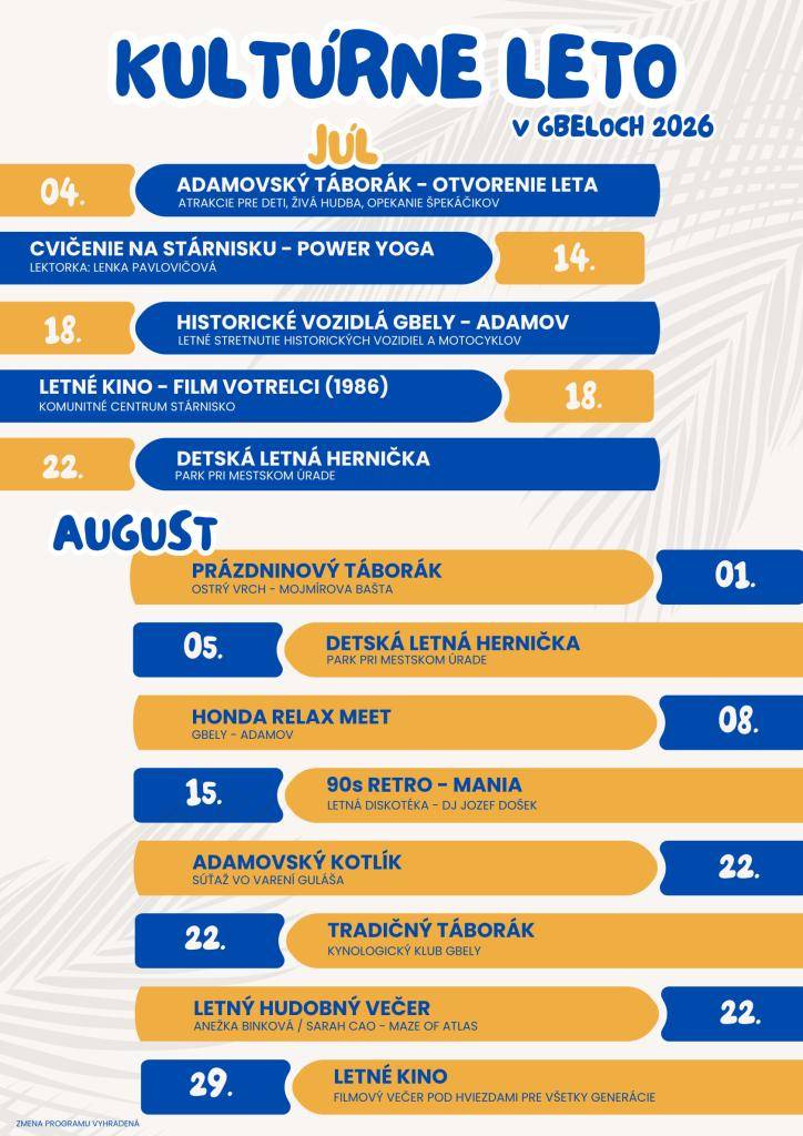 pripravované akcie počas leta v Gbeloch 2026