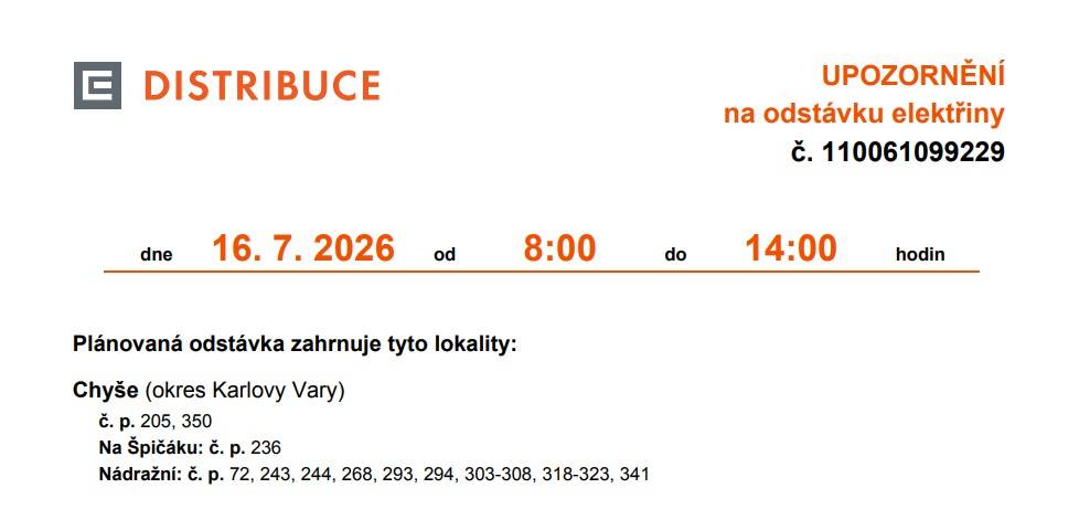 Odstávka elektřiny 16.7.2026
