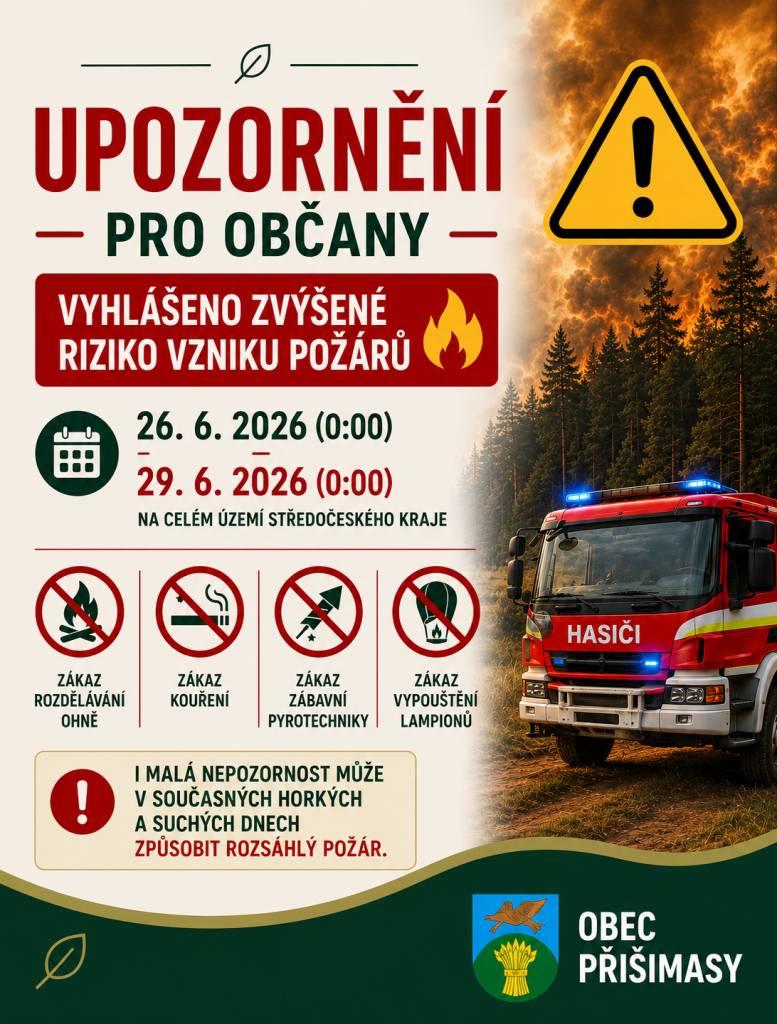 Od 26. 6. do 29. 6. 2026 platí na území celého Středočeského kraje období zvýšeného nebezpečí vzniku požárů.
